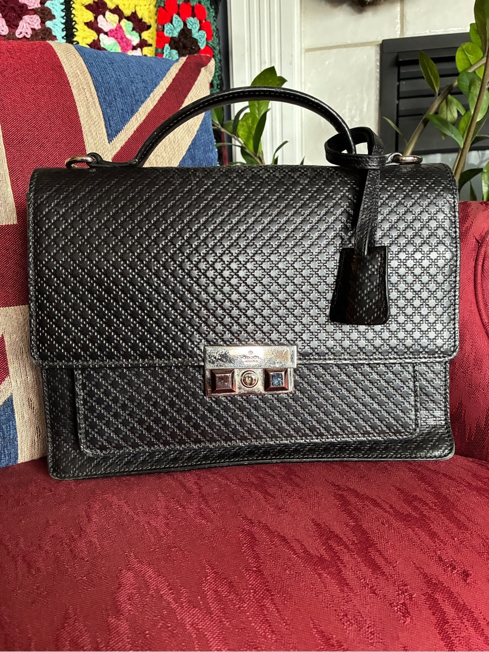 Gucci Black Diamonte Leather Top-Handle Purse with Lock with Silver Hardware